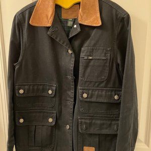 Black Vintage Womens P/P Twill Barn Jacket with Leather Trim